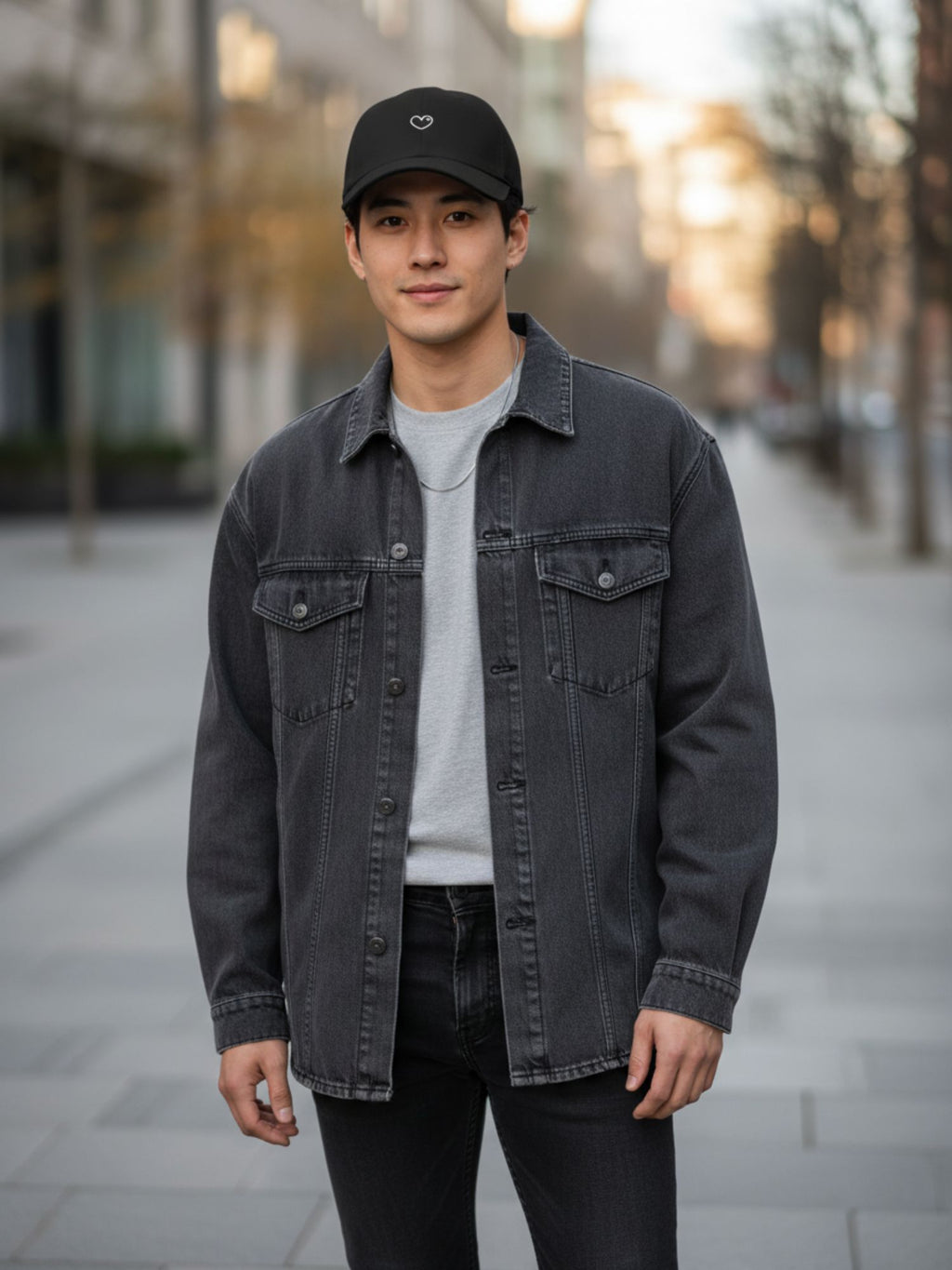 Man wearing a black love hat by MOOD, black denim jacket standing on a city street.