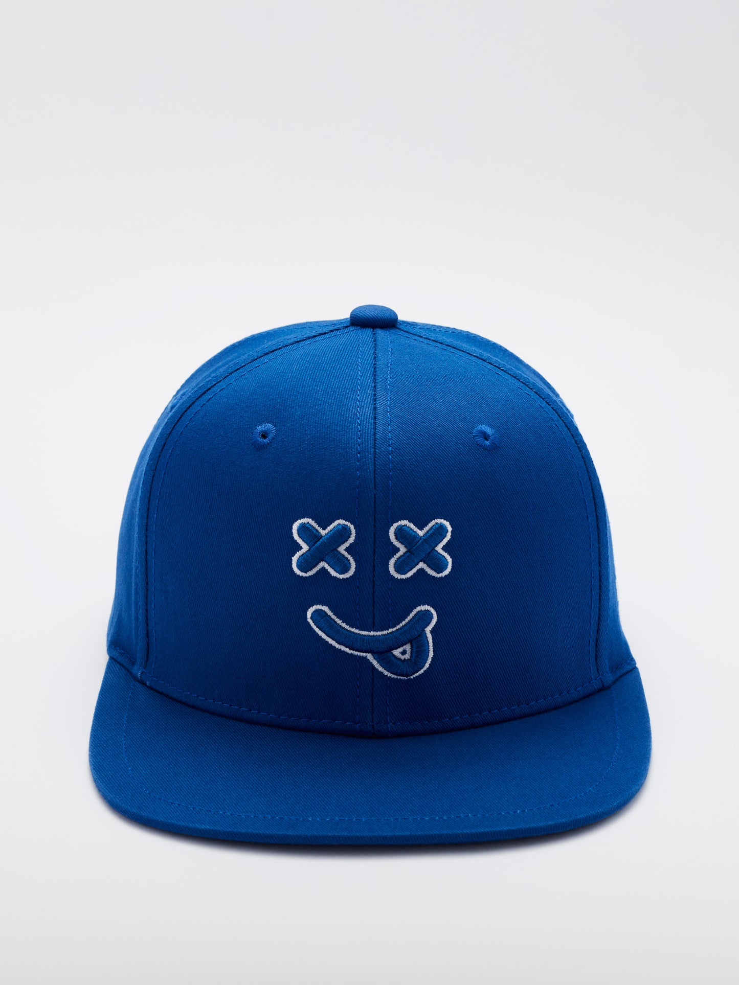 Load image into Gallery viewer, MOOD Caps - XX smiley face baseball cap flat brim front in blue color view
