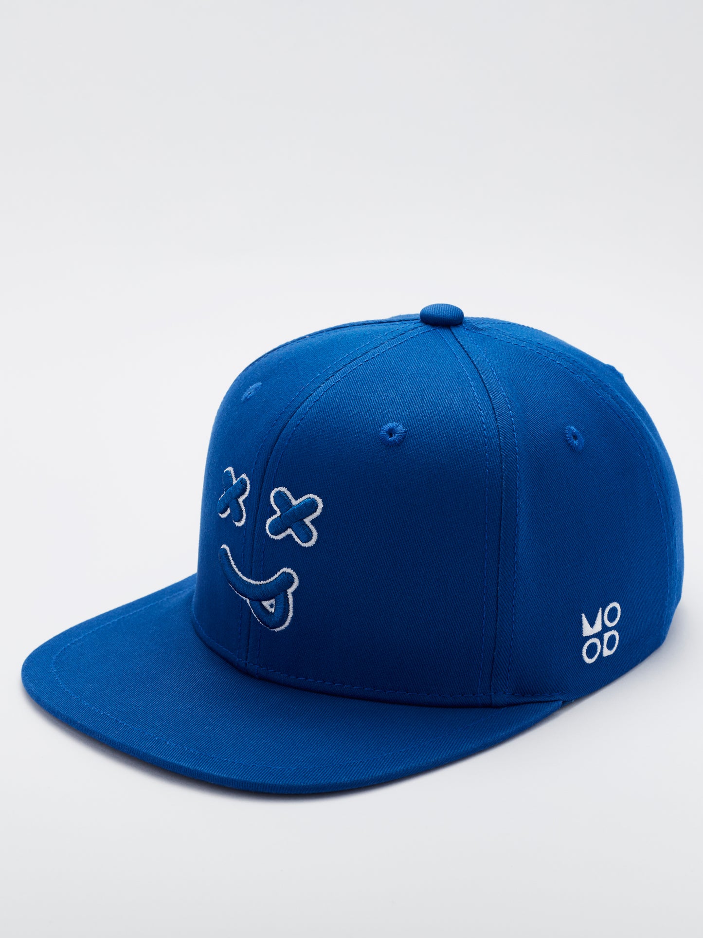 MOOD Caps - XX smiley face baseball cap flat brim in blue color side view