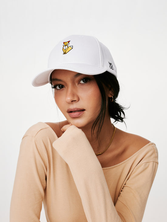 MOOD female model wearing Origami Fox Baseball Cap in White Party Color