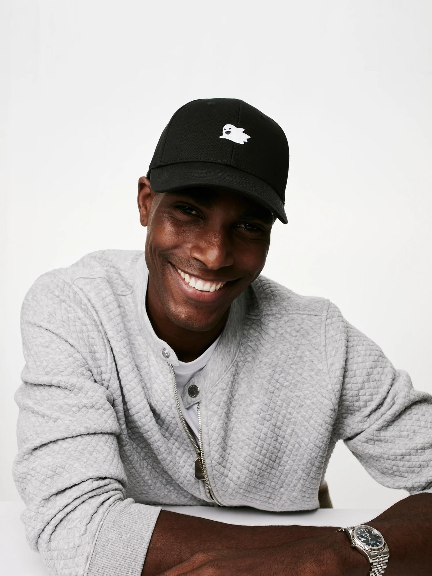 MOOD male model wearing Flying Ghost baseball cap in black color